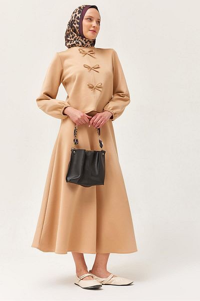 CALİENTE Scuba Double Suit with Bow Front and Skirt Mink
