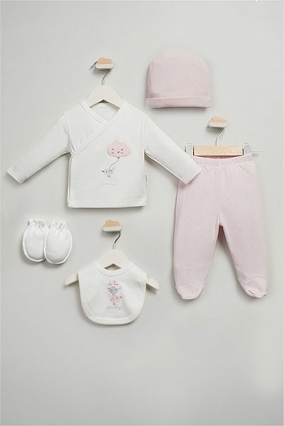 Bebitof Cute Teddy Bear and Bird Patterned 5 Piece Newborn Hospital Release Bodysuit Set