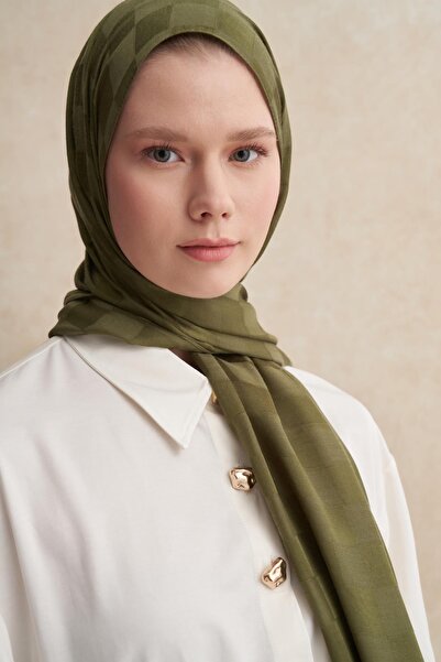 carell Checkers Jacquard Italian Silk Shawl Olive Green