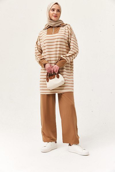 CALİENTE Collar Zippered Sleeve Detailed Double Suit Mink