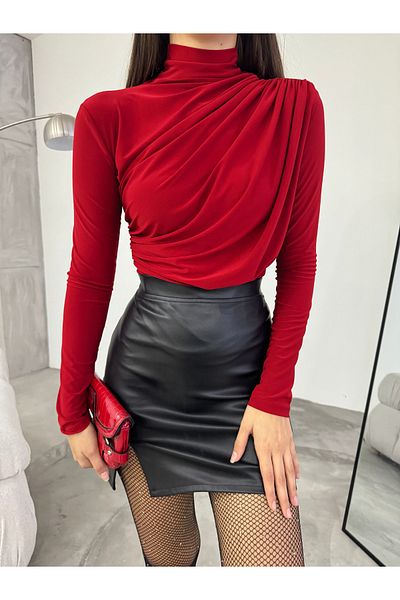 BİKELİFE Rote Sandy Bluse für Damen mit Stehkragen und Kordelzug