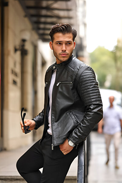 Oliggopol Чоловіча чорна приталена шкіряна куртка з внутрішньою кишенею