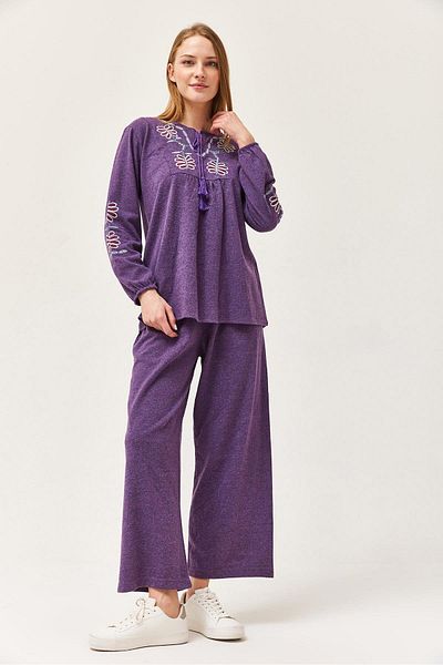 CALİENTE Embroidered Front Tassel Double Suit Purple