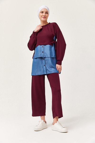 CALİENTE Denim Garnished Tied Double Suit Claret Red