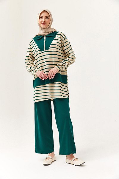 CALİENTE Zippered Striped Shirt Collar Suit Green