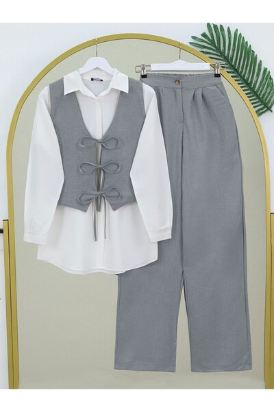 Modamorfo طقم كتان مكون من قطعتين مع سترة رمادية وبنطلون واسع الساق بأربطة