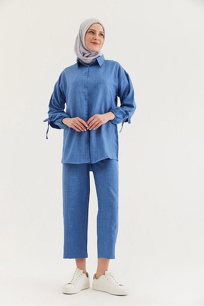 CALİENTE Sleeve Gathered Shirt Pants Double Suit Blue