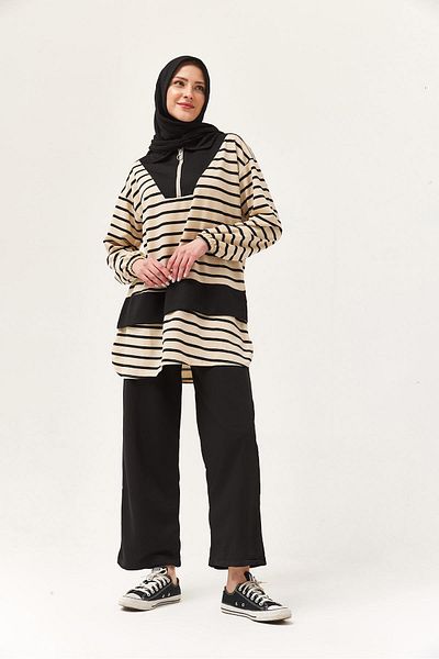 CALİENTE Zippered Striped Shirt Collar Suit Black