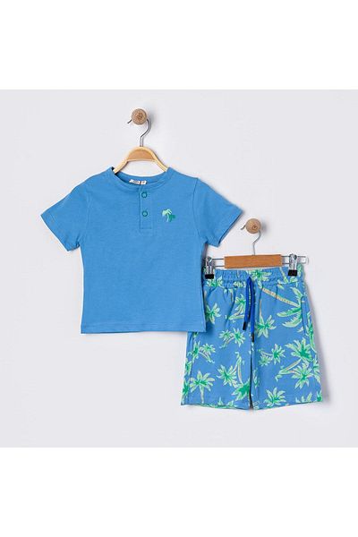 KIPIRIK BABY Set de pantaloni scurți cu model de palmier pentru băiat, tricou de bază albastru sax