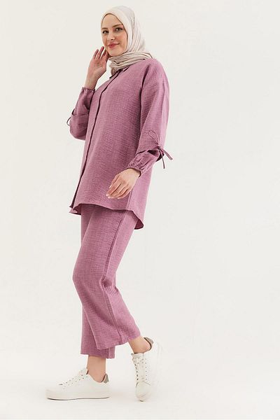 CALİENTE Sleeve Gathered Shirt Pants Double Suit Dusty Rose