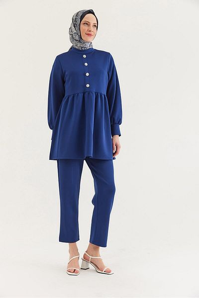 CALİENTE Stone Buttoned Scuba Double Suit Navy Blue