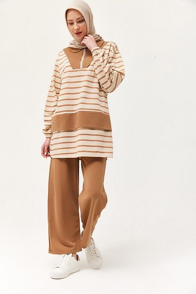 CALİENTE Zippered Striped Shirt Collar Suit Mink
