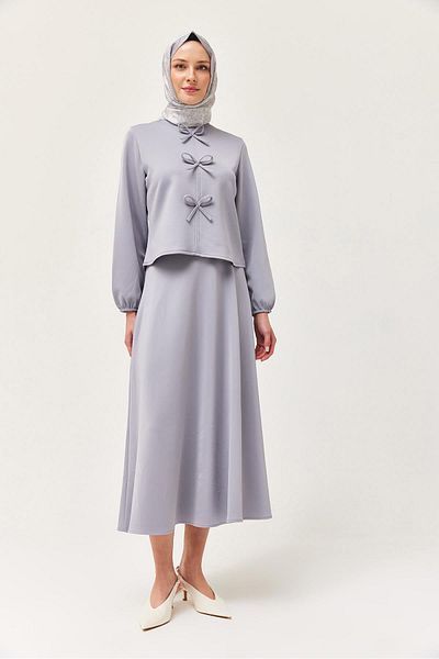 CALİENTE Scuba Double Suit with Bow Front and Skirt Gray