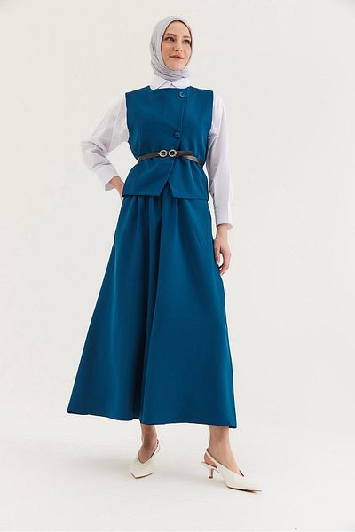 CALİENTE Belt Detailed Skirted Double Suit Petrol