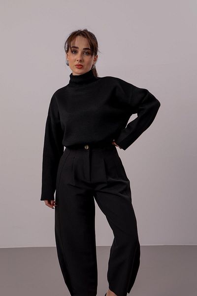 FACETTE Pulover oversize negru cu guler vertical pentru femei