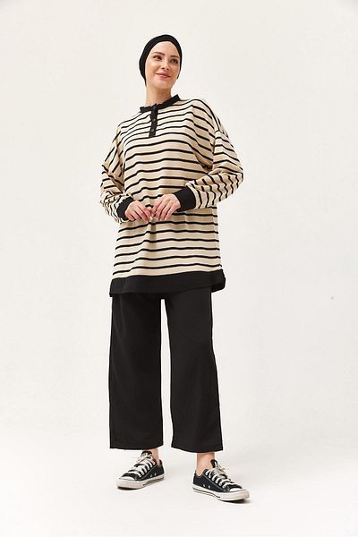 CALİENTE Buttoned Collar Striped Double Suit Black