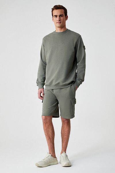GRIMELANGE Ollie Men's Crew Neck Regular Long Sleeve Embroidery Detailed Khaki Sweatshirt
