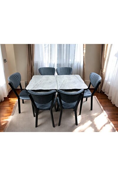 EVLA Mobilya 6 KİŞİLİK GRİ YEMEK MASASI GRİ SANDALYE LAGİNA