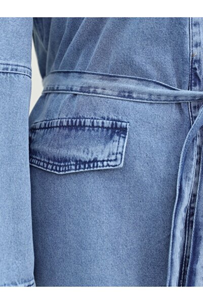 Modamorfo Cep Detaylı Kuşaklı Kot Kap -Buz Mavi