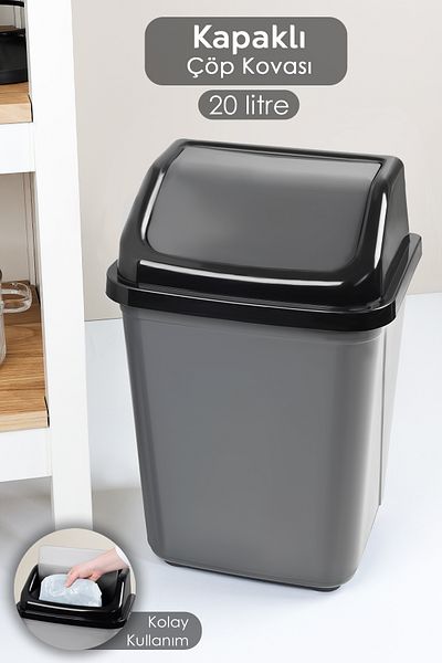 Meleni Home Coș de gunoi din plastic cu capac - Coș de gunoi pentru birou, baie, bucătărie, gri 20 litri