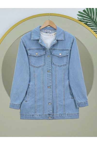 Modamorfo Jachetă din denim cu buzunare cu clapă în față - Ice Blue