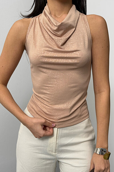 LACHT Γυναικεία μπλούζα με μπεζ κροκόδειλο με γιακά με κουμπιά με μηδενικό μανίκι