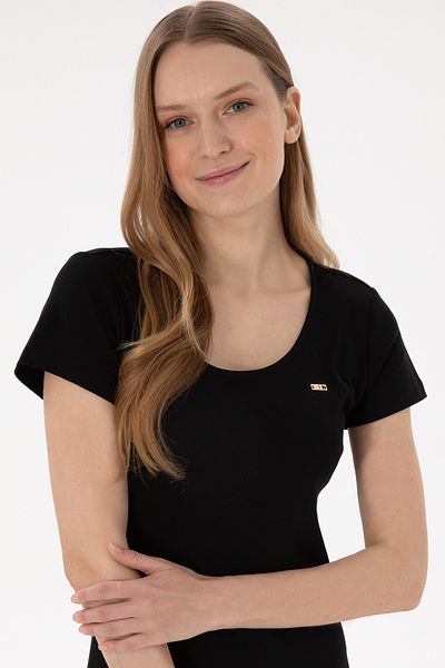 U.S. Polo Assn. Rochie tricotată cu lungime midi, neagră, cu decolteu, pentru femei 50305753-vr046