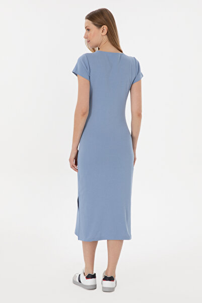 U.S. Polo Assn. Kadın Mavi Yırtmaçlı Bisiklet Yaka Midi Boy Örme Elbise 50305753-VR036