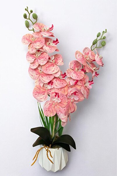 YAPAY ÇİÇEKÇİNİZ Υψηλής ποιότητας τεχνητή ορχιδέα με 2 κλαδιά με υγρή υφή σε λευκή γλάστρα από σκυρόδεμα