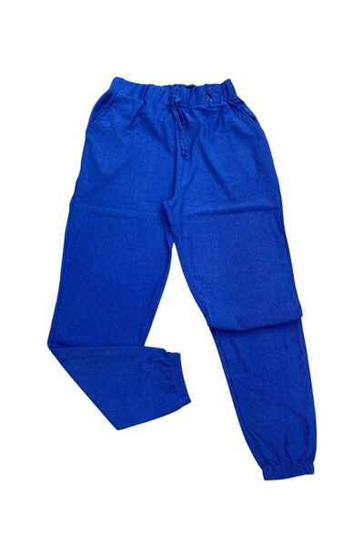 fearlessmoda Blue Women's Trousers with Wrinkled Fabric Waist and Elastic Legs