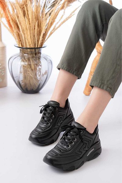 Weynes Women's Black Leather Embossed High Sole Sports Shoes Wsb4012