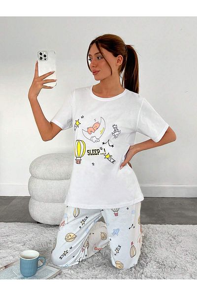 VG BOND MODA Combed Cotton Print Detailed Short Sleeve Women's Double Pajamas Set Vg135