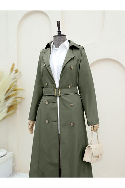 Modamorfo Double Button Belted Trench Coat - Khaki