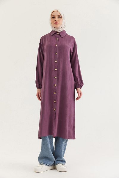 CALİENTE Linen Buttoned Long Hijab Tunic Plum