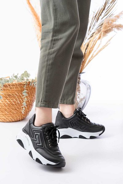 Weynes Women's Black White Leather Embossed High Sole Sports Shoes Wsb4012