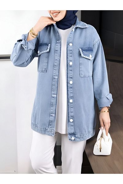 Modamorfo Jachetă din denim cu buzunare cu clapetă - Ice Blue