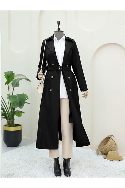Modamorfo Double Button Belted Trench Coat -Black