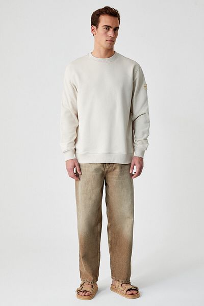 GRIMELANGE Ollie Men's Crew Neck Regular Long Sleeve Embroidery Detailed Beige Sweatshirt