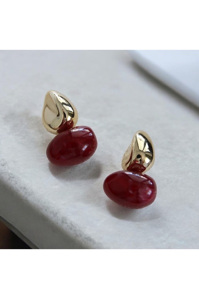 vina's atelier Bordo Doğal Taş Çelik Küpe