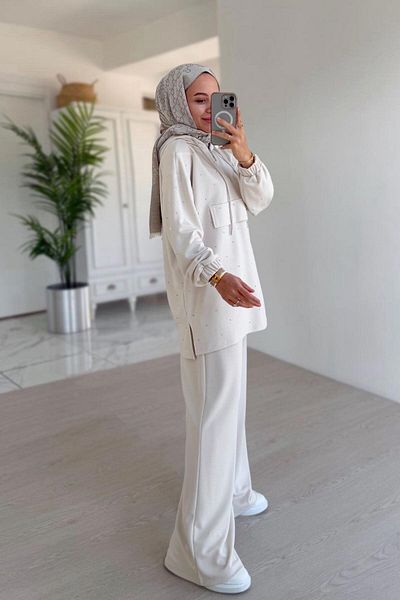 Ka Hijab Διπλό Σετ Oysh Fabric με Πέτρες στο Μπροστινό μέρος - Εκρού