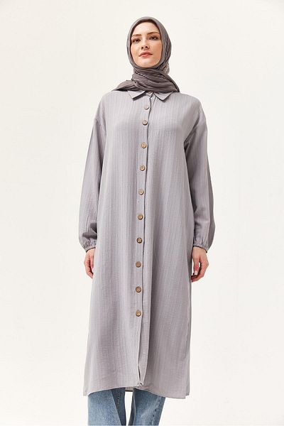 CALİENTE Linen Buttoned Long Hijab Tunic Gray