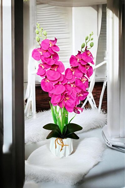 YAPAY ÇİÇEKÇİNİZ Υψηλής ποιότητας τεχνητή ορχιδέα με 2 κλαδιά με υγρή υφή σε λευκή γλάστρα από σκυρόδεμα