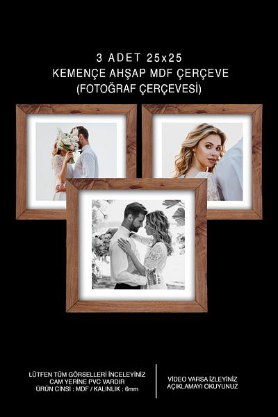 yhfoto 3 Pieces 25x25 Frame - Kemençe Square Frame - MDF Photo Frame