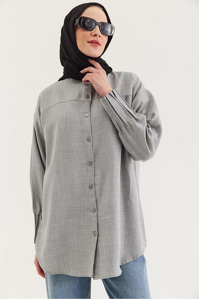 CALİENTE Linen Fabric Sleeve Ribbed Detailed Shirt Tunic Gray