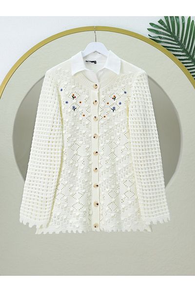 Modamorfo Cardigan tricot cu nasturi cu gât rotund - Ecru