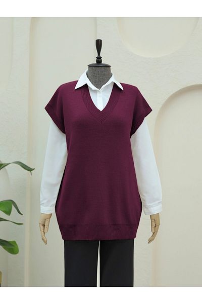 Modamorfo V-Neck Oversize Knitwear Sweater - Burgundy