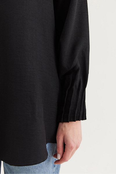 CALİENTE Linen Fabric Sleeve Ribbed Detailed Shirt Tunic Black