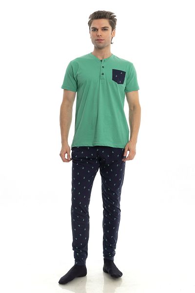 M MOONCOVER Set de pijamale pentru bărbați 100%濮絨model verde palmier