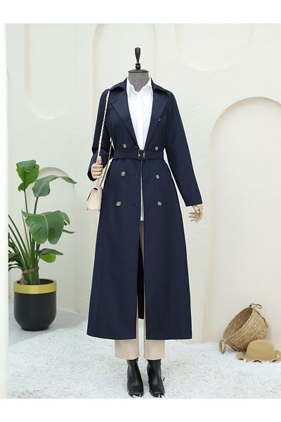 Modamorfo Double Button Belted Trench Coat - Navy