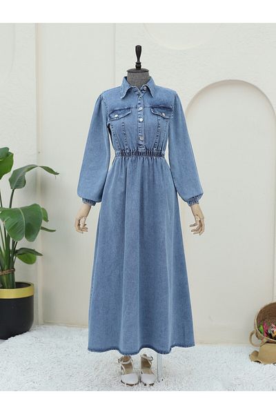 Modamorfo Rochie din denim cu jumătate de nasturi cu talie elastică - Ice Blue